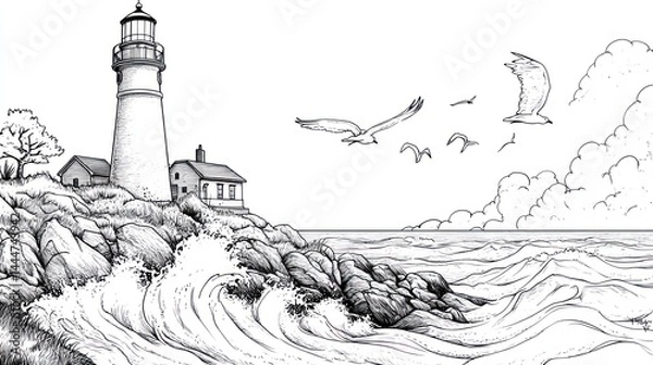 Obraz Lighthouse at sea, rocky coast, birds flying, tranquil scene, sketch style