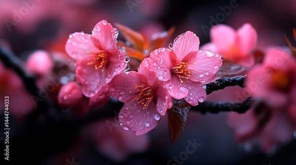 Fototapeta Pink Cherry Blossoms with Dew Drops: A Serene Springtime Scene