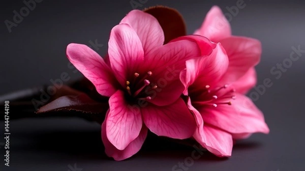 Fototapeta Close-up of Two Delicate Pink Flowers Against a Dark Background
