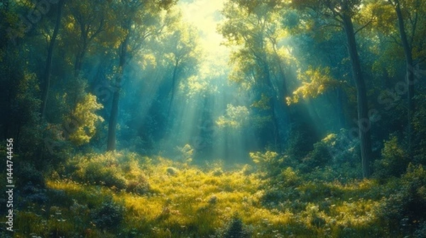 Fototapeta Serene forest landscape with sunlight filtering through trees, showcasing vibrant flora