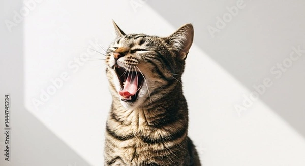 Fototapeta Tabby cat yawning wide on seamless white background in natural light
