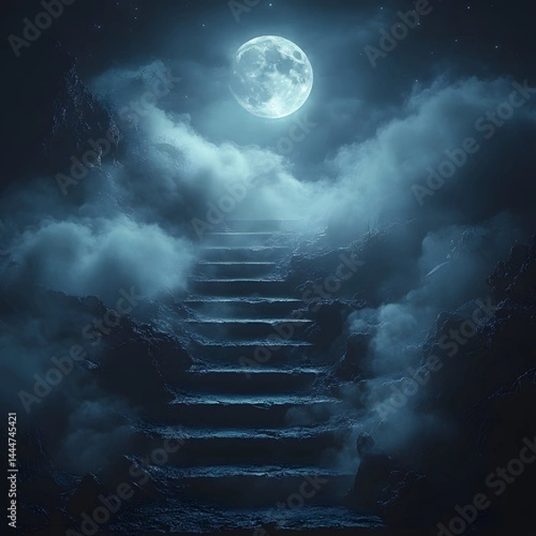 Obraz A staircase leading to the moon, with misty clouds and an eerie atmosphere. The full moon casts its light on the dark stairs.