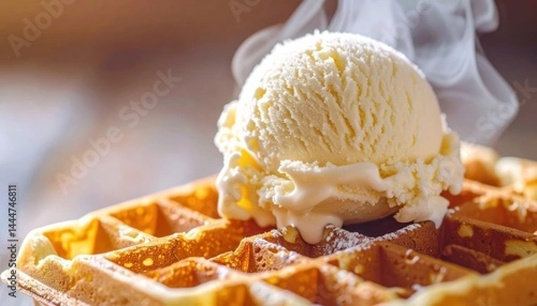 Fototapeta Delicious vanilla ice cream melting on a freshly made waffle, creating a decadent dessert experience with steam rising