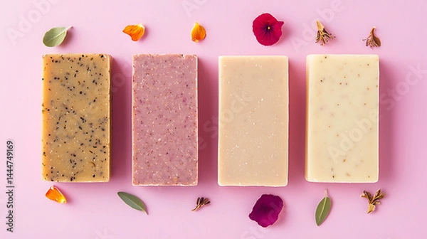 Obraz Handmade herbal infused soap bars with vibrant botanical petals and leaves soft pink background, evoking natural freshness