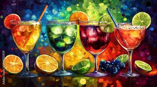 Fototapeta Elegant Display of Three Wine Glasses Surrounded by Fresh Fruit in a Warm and Inviting Setting