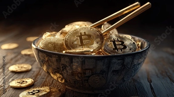 Fototapeta A ceramic bowl overflowing with shiny golden Bitcoin coins, chopsticks resting on top, illuminated by soft ambient lighting