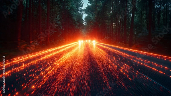 Obraz Streaking lights on forest road
