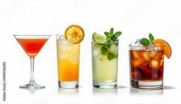 Fototapeta Colorful Exotic Cold Cocktails PNG Set – Transparent Background Bundle Featuring Cosmopolitan, Margarita, Mojito, and Old Fashioned with Citrus and Ice