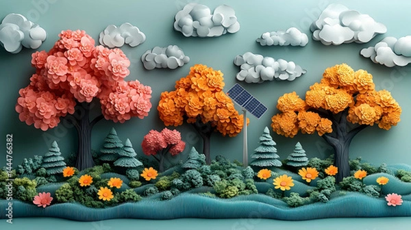 Obraz Stylized landscape with colorful trees and clouds