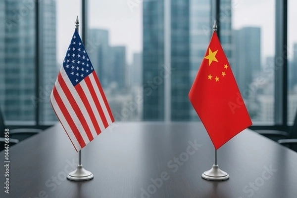 Obraz Focus on the flags of the USA and China. During a meeting at a table in a meeting room.