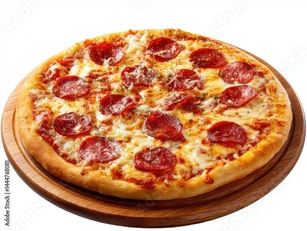 Obraz Pepperoni pizza on wood plate isolated on white background