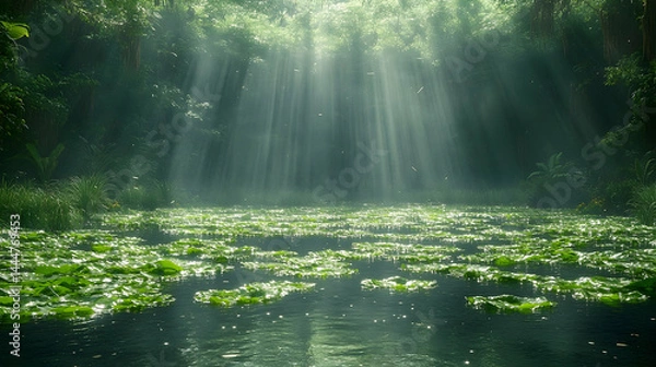 Obraz Sunlight streams through forest waterscape