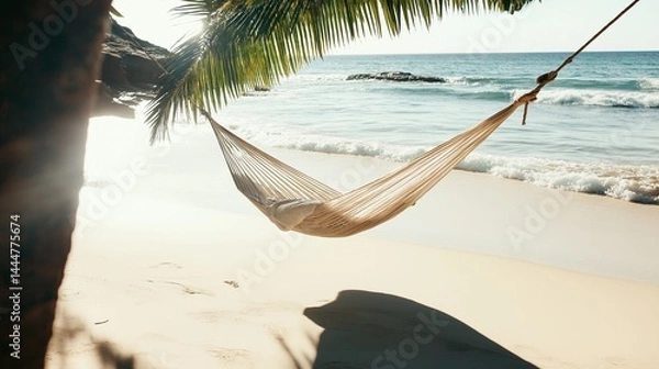 Obraz Relaxing in a hammock between palm trees on a secluded beach during an island hopping adventure with a book in hand