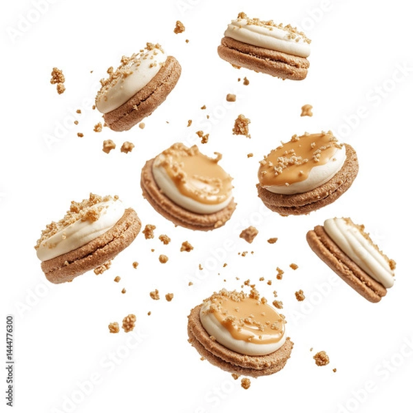 Fototapeta flying Caramel Cheesecake Cookies with crumbs isolated on white