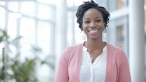 Obraz Portrait of a Smiling Black Woman in a Pink Cardigan