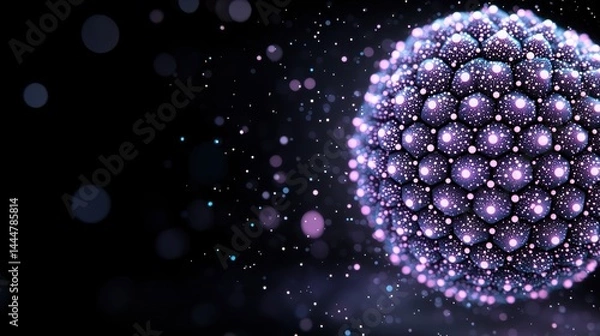 Fototapeta A glowing, geometric sphere with clustered particles floats against a dark, starry background.