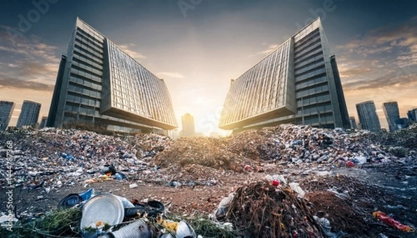 Fototapeta Two modern buildings flank a massive pile of garbage, highlighting urban pollution at sunrise.