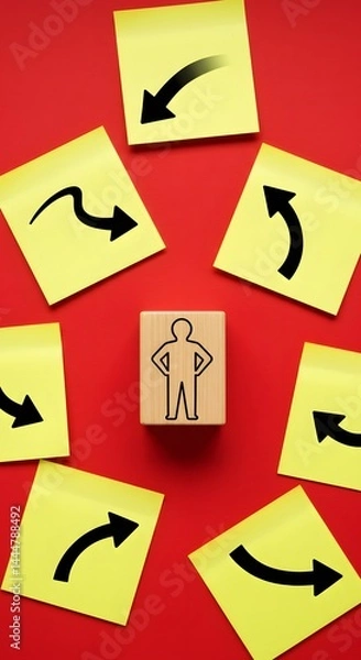 Obraz Businessman choosing right direction, making business decision, strategy and planning concept. Decision-making in business. Choosing a path to follow. Businessman standing on a wooden block, surrounde