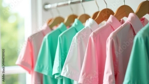 Fototapeta Pastel-colored shirts hang in a gradient pattern on a clothes rack.
