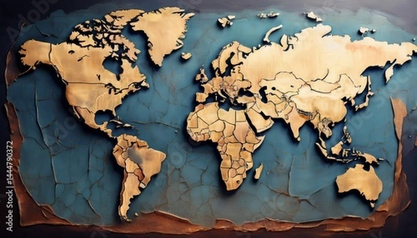 Fototapeta A textured, artistic world map with golden continents on a blue background, showcasing continents and country borders.