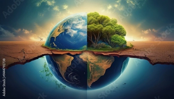 Fototapeta A split Earth shows contrasting environments: one side barren and dry, the other lush with trees, symbolizing climate change and environmental impact.
