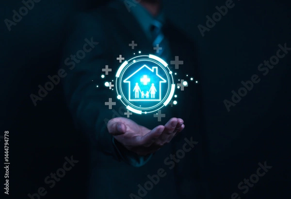 Fototapeta Insurance concept. Businessman using laptop with digital icons representing different types of insurance such as health, home, car, travel, comprehensive coverage and policy management.