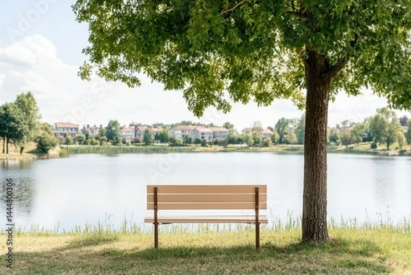 Obraz A tranquil suburban lakeside scene featuring a bench under a tree.