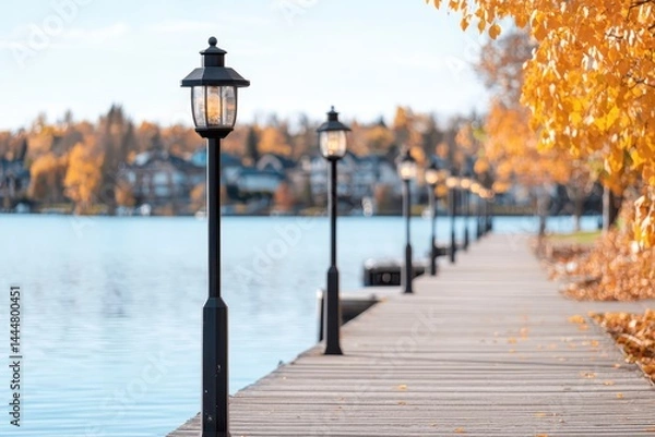 Obraz A serene lakeside landscape featuring a suburban boardwalk scene.
