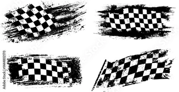 Obraz Four variations of a grunge-style checkered racing flag. Each flag displays the classic black and white squares with a distressed, textured effect around the edges, suggesting speed and competition.