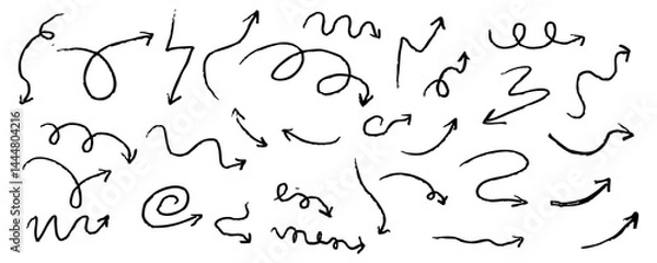 Fototapeta Arrow crayon chalk hand drawn doodle grunge line set. Cursor scribble wavy swirl, comic simple element. Spiral textured direction pointer.