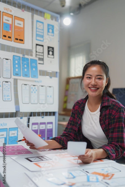 Obraz Smiling asian woman working as a ux ui designer in her office, creating a mobile application interface wireframe while holding documents and a blank card for her project