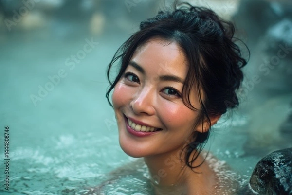 Obraz 露天風呂温泉に入る女性