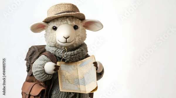 Fototapeta Adventurous Sheep Traveler with Map and Backpack