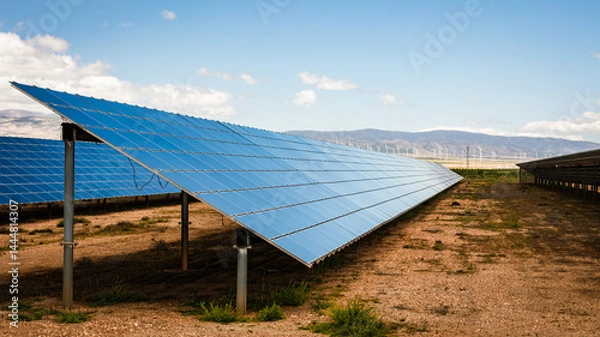Obraz Close-up angle of modern solar panels in renewable energy facility with clear sky and wind turbines across dry, semi-arid terrain near mountains