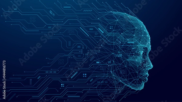 Obraz Abstract human head consists of connected dots, lines, and polygons flows into the wires of a circuit. The silhouette of a cyborg in low poly blue. AI face concept. Artificial Intelligence background.