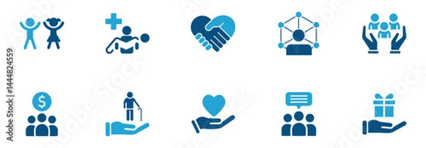 Obraz Community and Welfare Icon Set. Editable flat icon set representing community service, social work, health support, and charity. Ideal for NGOs, apps, websites, and outreach materials.