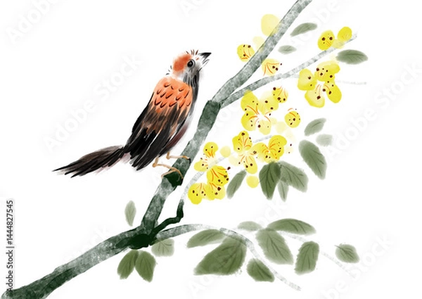 Obraz Digital Painting of a bird on yellow flowers blossom, Inspired by Chinese Ink Brush-Stroke Style