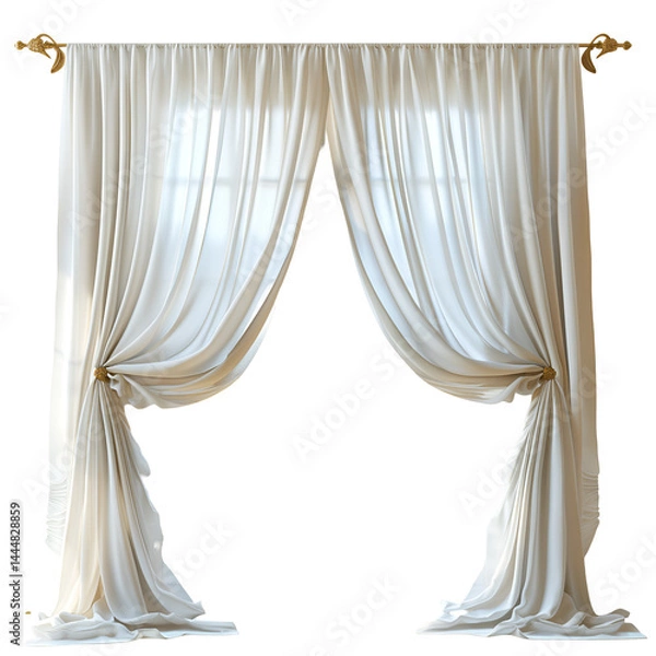 Fototapeta Elegant cream curtains with gold finials draped over a window