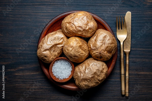 Fototapeta Simple country food, baked potatoes whole in their skins and salt in clay plate on wooden table, closeup, top view