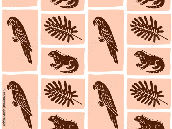 Fototapeta Hand-drawn seamless pattern with parrot, iguana, and tropical monstera leaf in warm brown tones. Ideal for jungle-themed packaging, fabric, and eco-friendly designs.