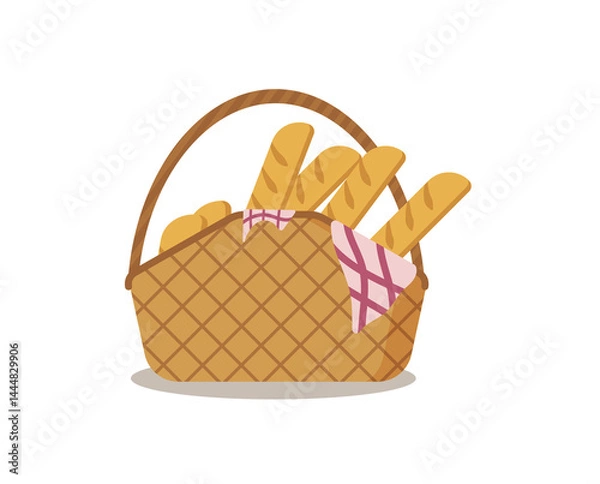 Obraz png wicker basket with flat vector design for picnic or storage showing bamboo decor and handmade fabric element in eco white background style with empty purse and easter rope set


