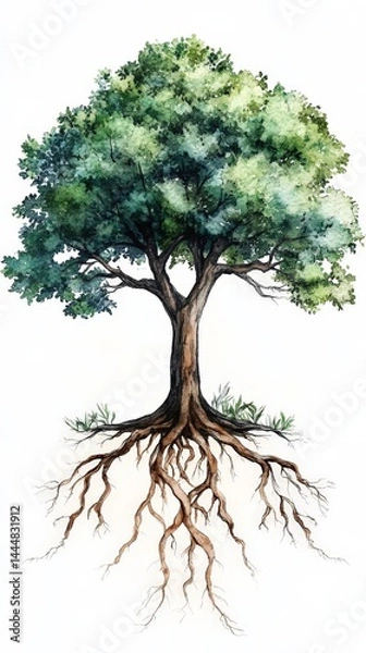 Fototapeta Symbolic Watercolor Tree with Visible Roots Representing Nature's Connection
