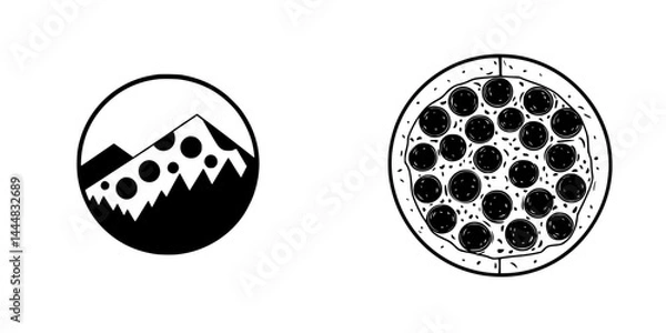 Fototapeta Silhouette pictograms depicting a mountain landscape and a pizza illustration in a minimalist style