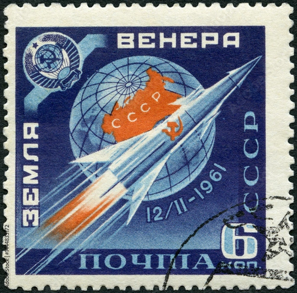 Fototapeta USSR - 1961: shows Globe and Sputnik 8, Space probe and its path to Venus, 1961