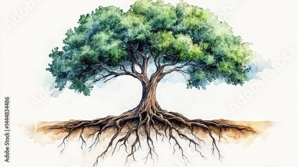 Fototapeta Symbolic Watercolor Tree with Visible Roots Representing Nature's Connection