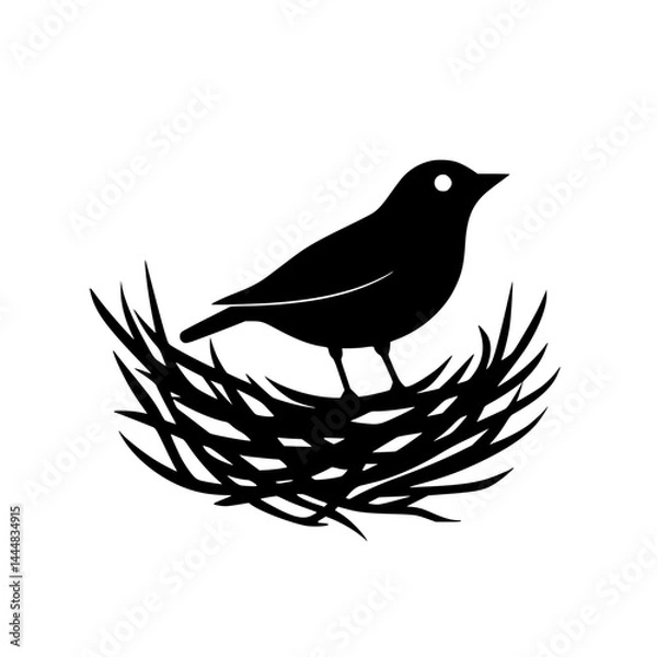 Fototapeta Silhouette pictogram of a bird standing on a nest surrounded by simple grass elements