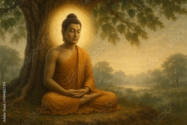 Fototapeta Enlightened Buddha sitting cross legged under Bodhi tree, radiating peaceful aura, meditating with serene expression amid lush natural backdrop