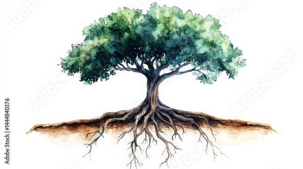 Fototapeta Symbolic Watercolor Tree with Visible Roots Representing Nature's Connection