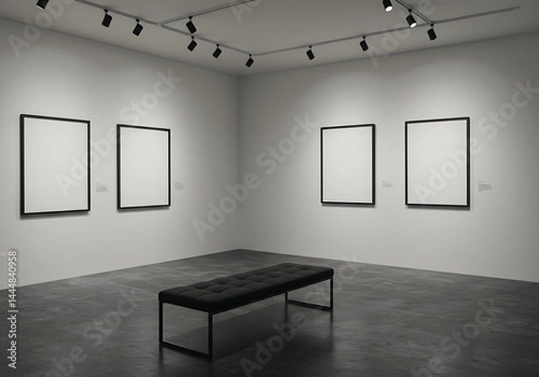 Fototapeta Gallery interior with blank framed canvases and bench