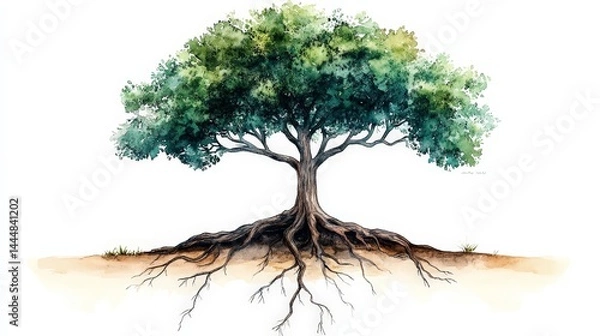 Fototapeta Symbolic Watercolor Tree with Visible Roots Representing Nature's Connection